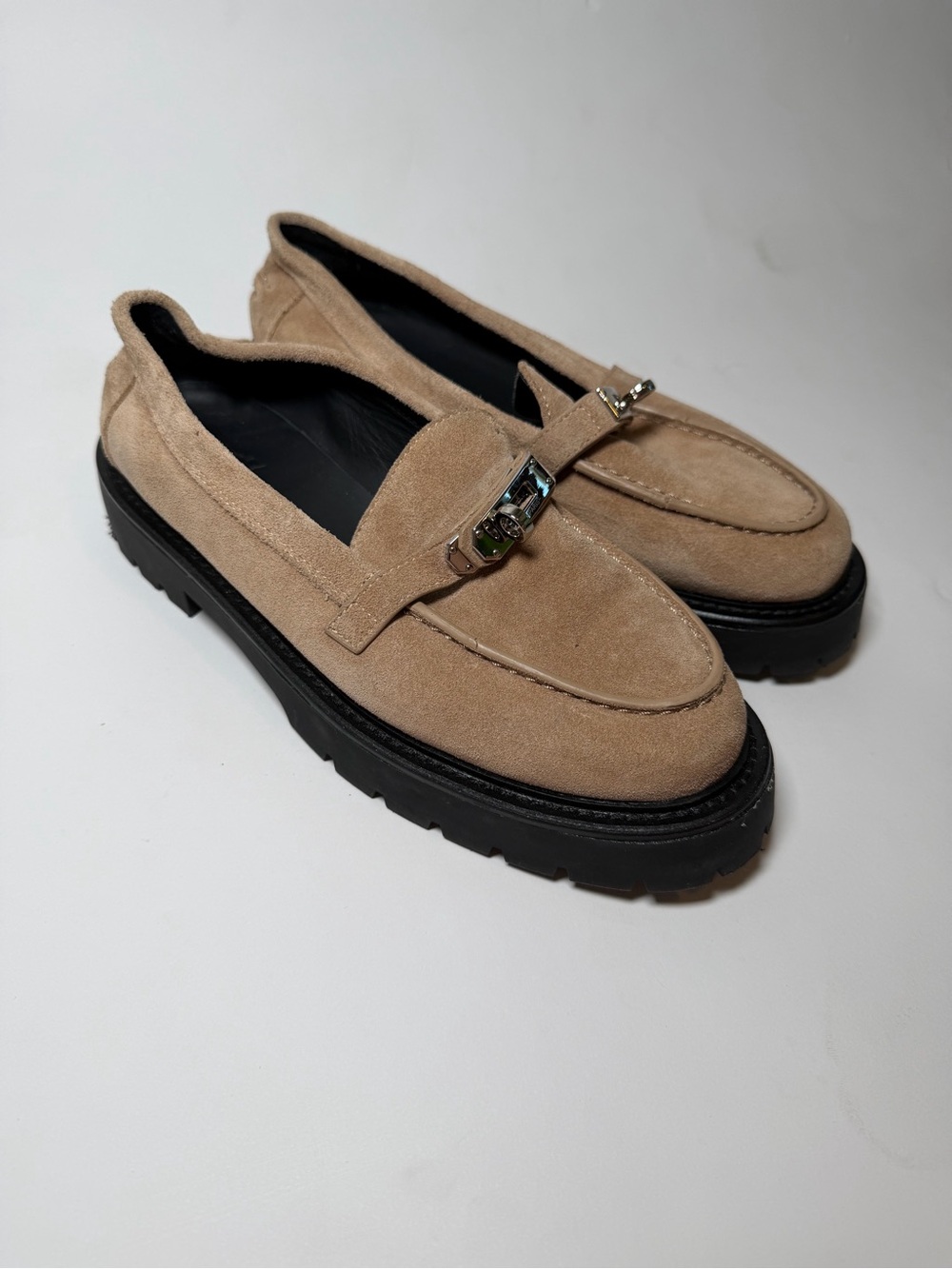 Hermes Suede Tan Loafers with Black Lug Sole